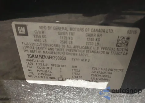 2015 GMC Terrain Sle-2 z USA, uszkodzony, nr VIN 2GKALREK4F6290953